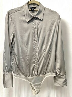Moda International Silver Stretch Satin Button-Up Bodysuit Shirt M
